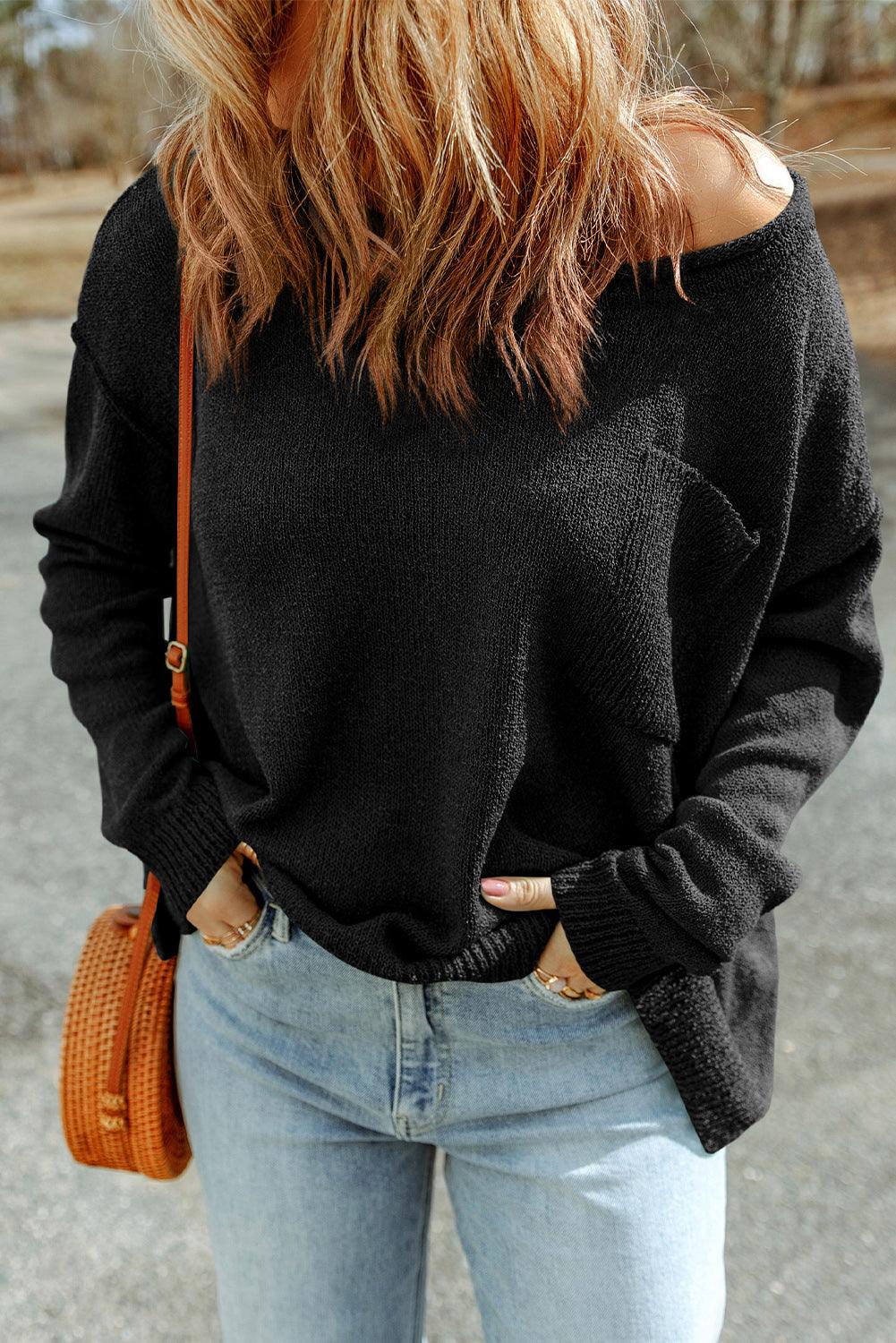 Dropped Shoulder Boat Neck Sweater with Pocket - Sweater