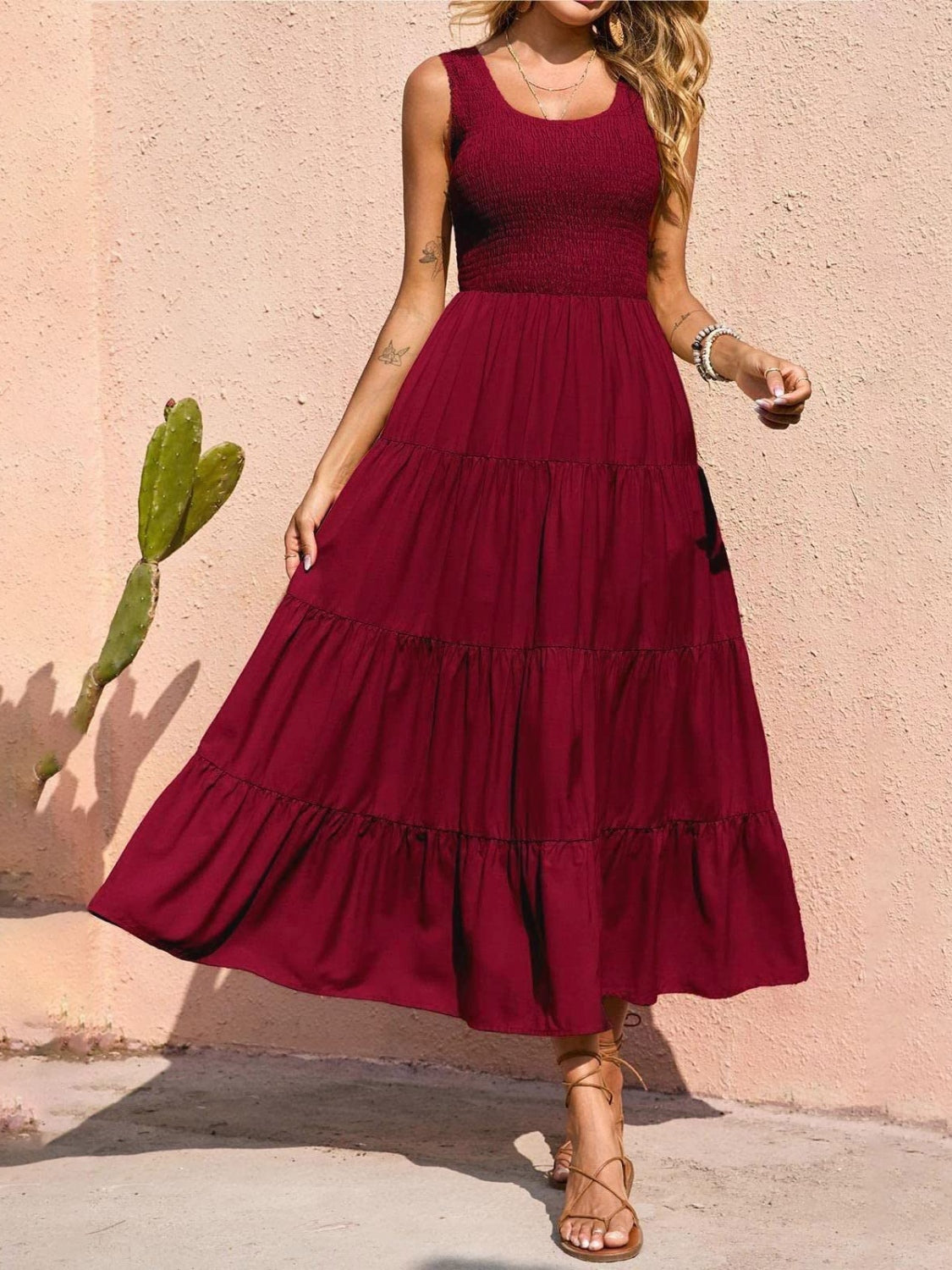 Tiered Smocked Wide Strap Midi Dress