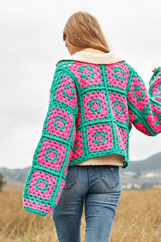 Two-Tone Floral Square Crochet Open Knit Cardigan - Cardigan