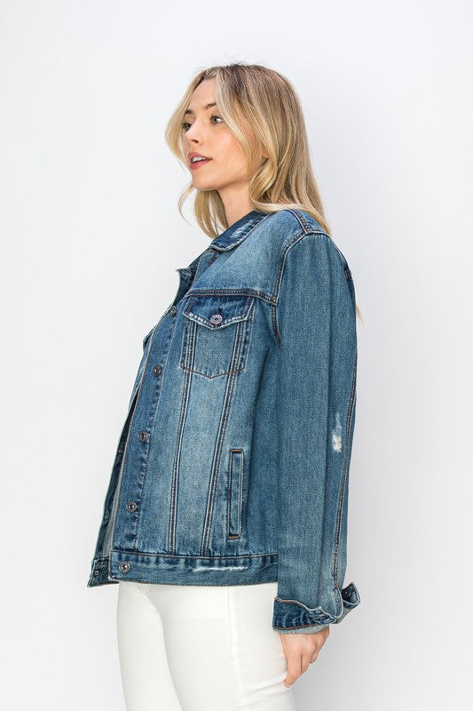 RISEN Full Size Distressed Button Up Denim Jacket