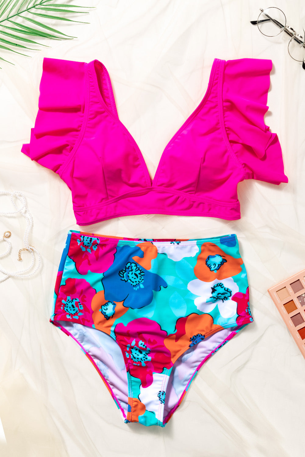 Cropped Swim Top and Floral Bottoms Bikini Set