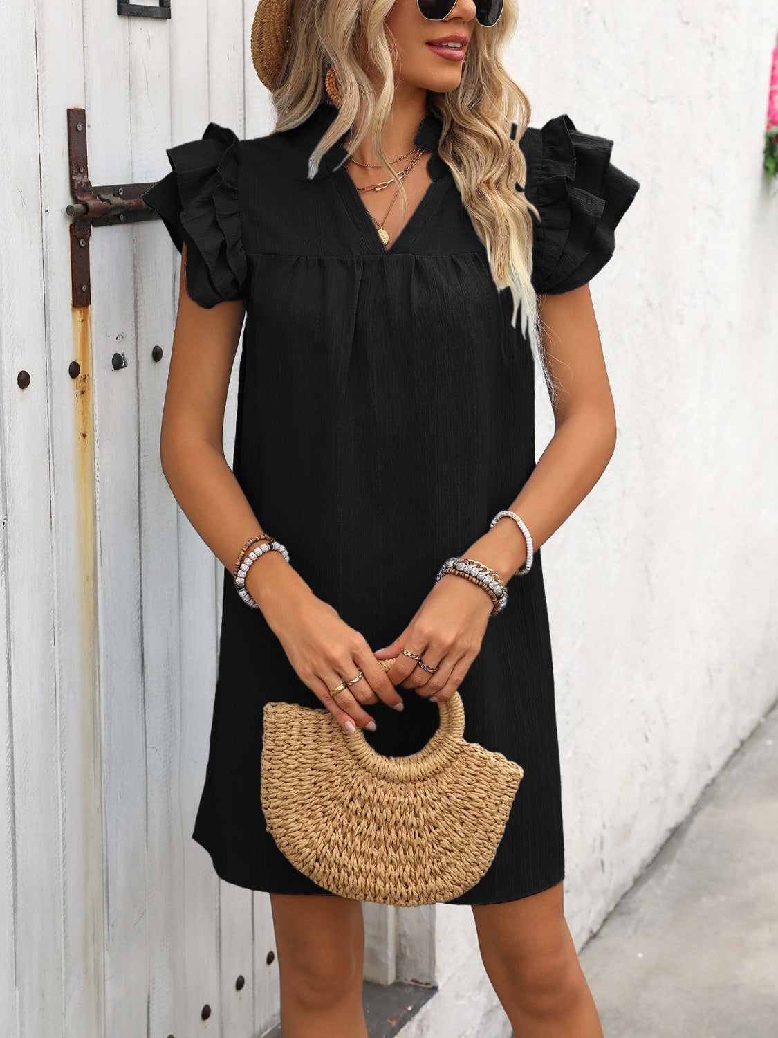 Ruffled Notched Neck Cap Sleeve Mini Dress