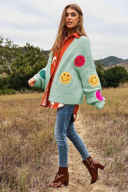 The Fuzzy Smile Long Bell Sleeve Knit Cardigan - Cardigan