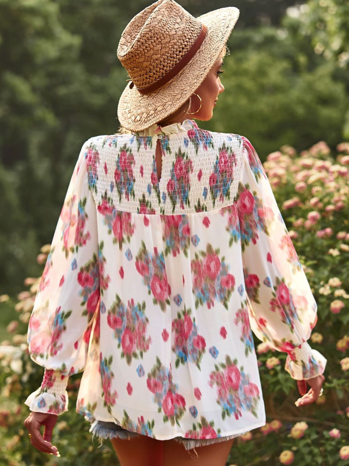 Floral Smocked Lantern Sleeve Blouse