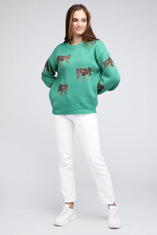 Tiger Pattern Pullover Sweater - Sweater