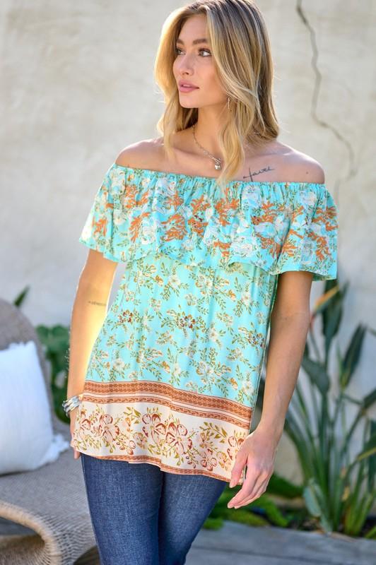 Printed Off Shoulder Smocked Top - Top