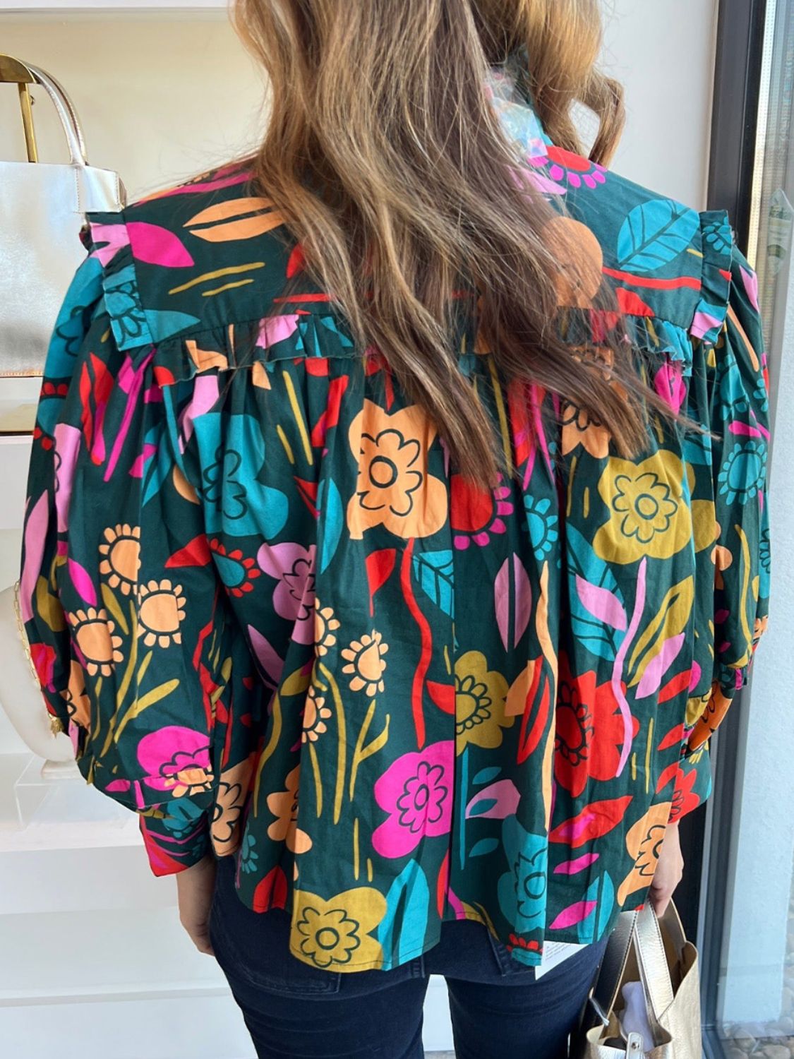 Multicolored Floral Lantern Sleeve Blouse