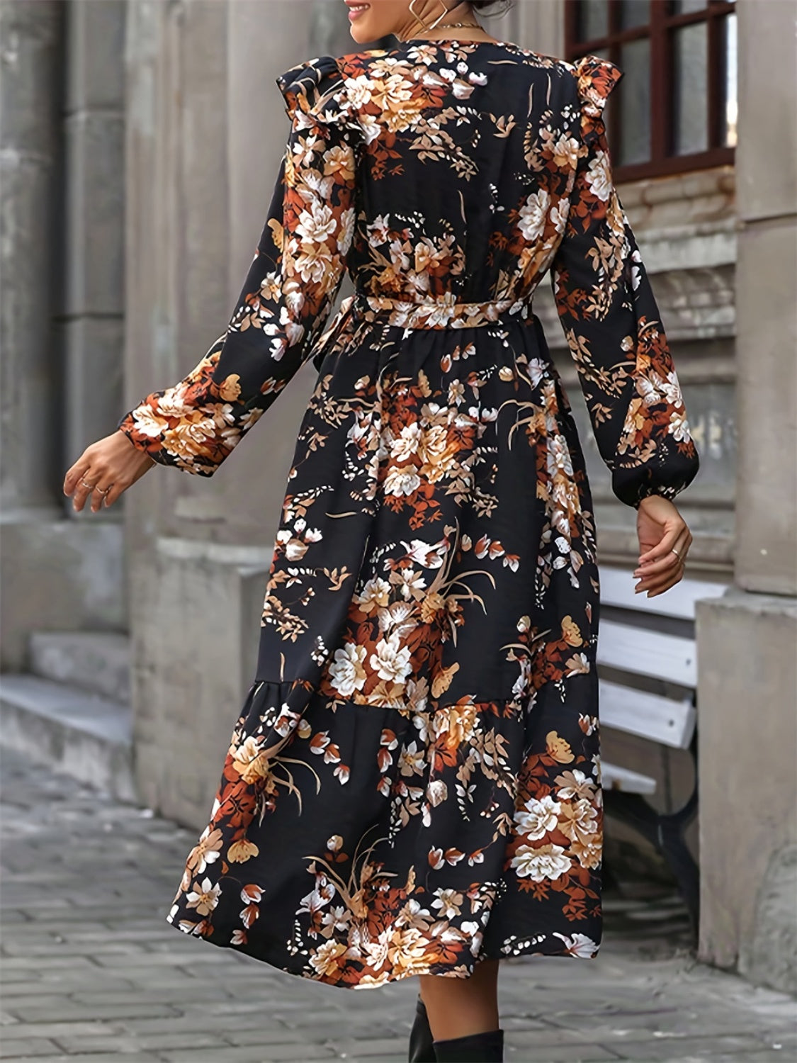 Ruffled Floral Surplice Long Sleeve Midi Dress