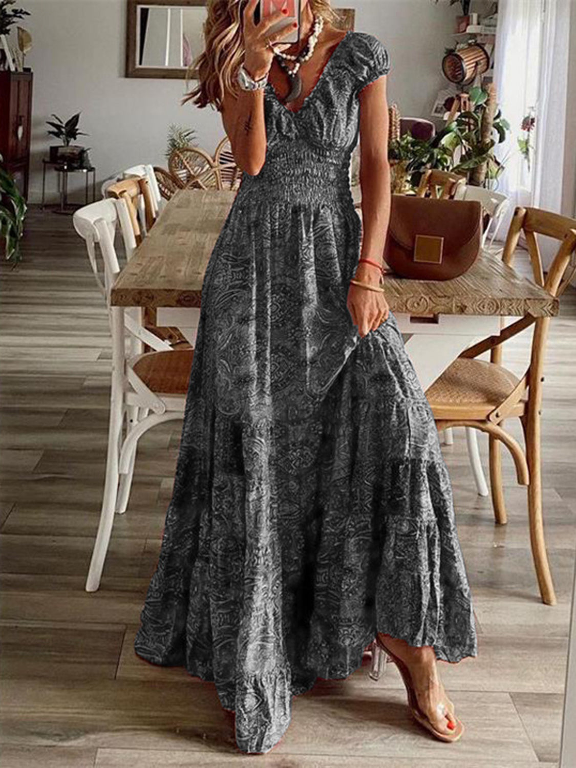 Smocked Printed V-Neck Short Sleeve Maxi Dress