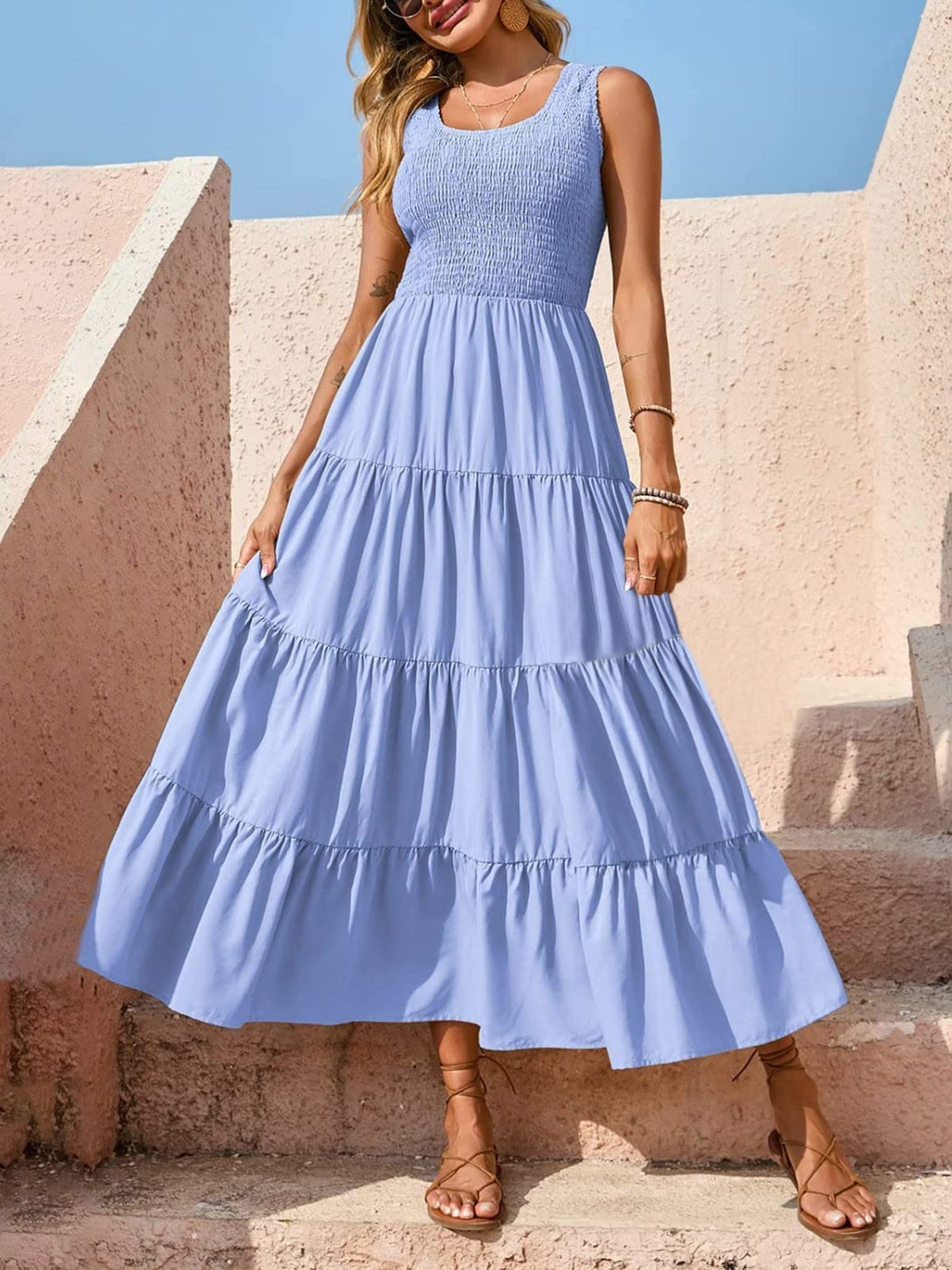 Tiered Smocked Wide Strap Midi Dress