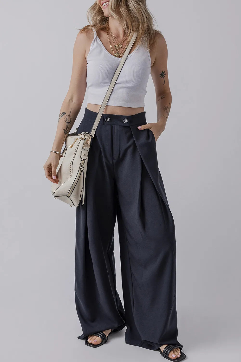 Wide Leg Pleated Pants with Pockets