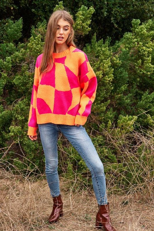 Multi Geo Checker Pullover Knit Sweater Top - Sweater