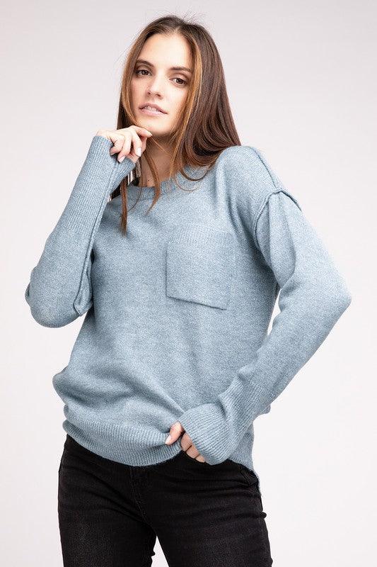 Melange Hi-Low Hem Round Neck Sweater - Sweater