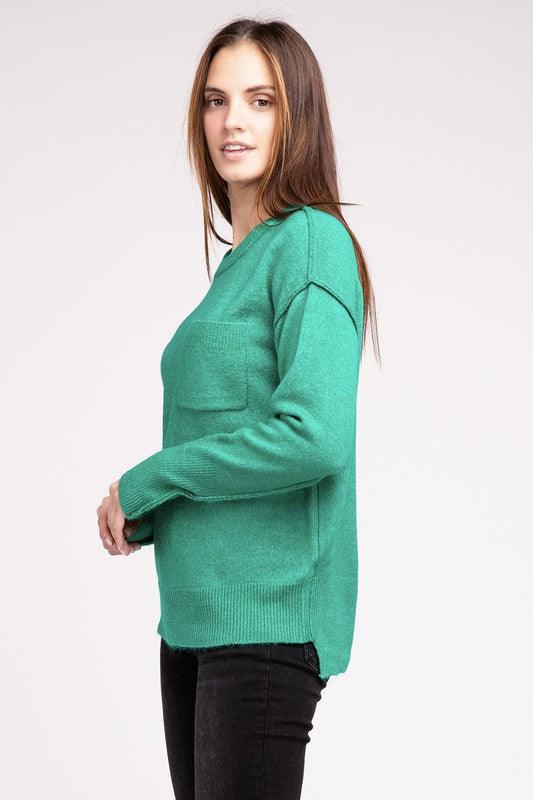 Melange Hi-Low Hem Round Neck Sweater - Sweater