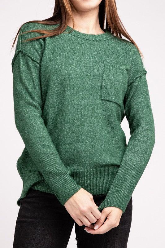 Melange Hi-Low Hem Round Neck Sweater - Sweater