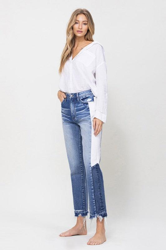 Super HIgh RIse Straight W/Side Blocking Panel - Jeans