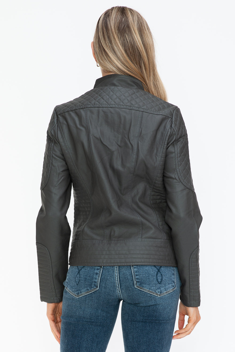 Snobbish Faux Leather Zip Up Mock Neck Moto Jacket