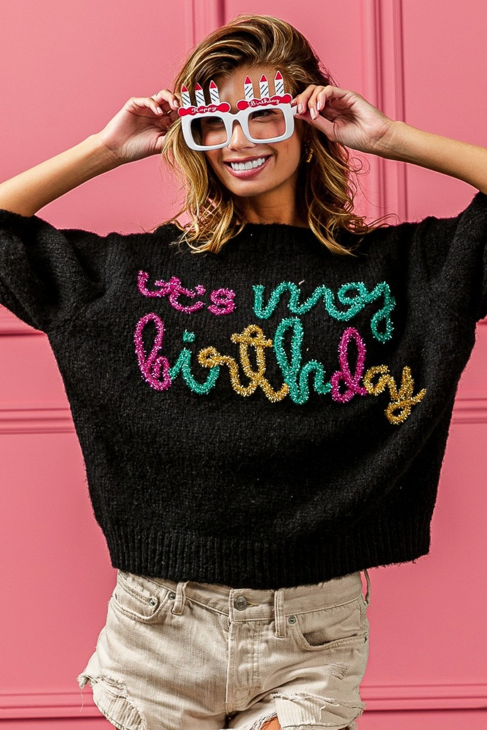 BiBi Metallic Letter It's My Birthday Puff Sleeve Sweater