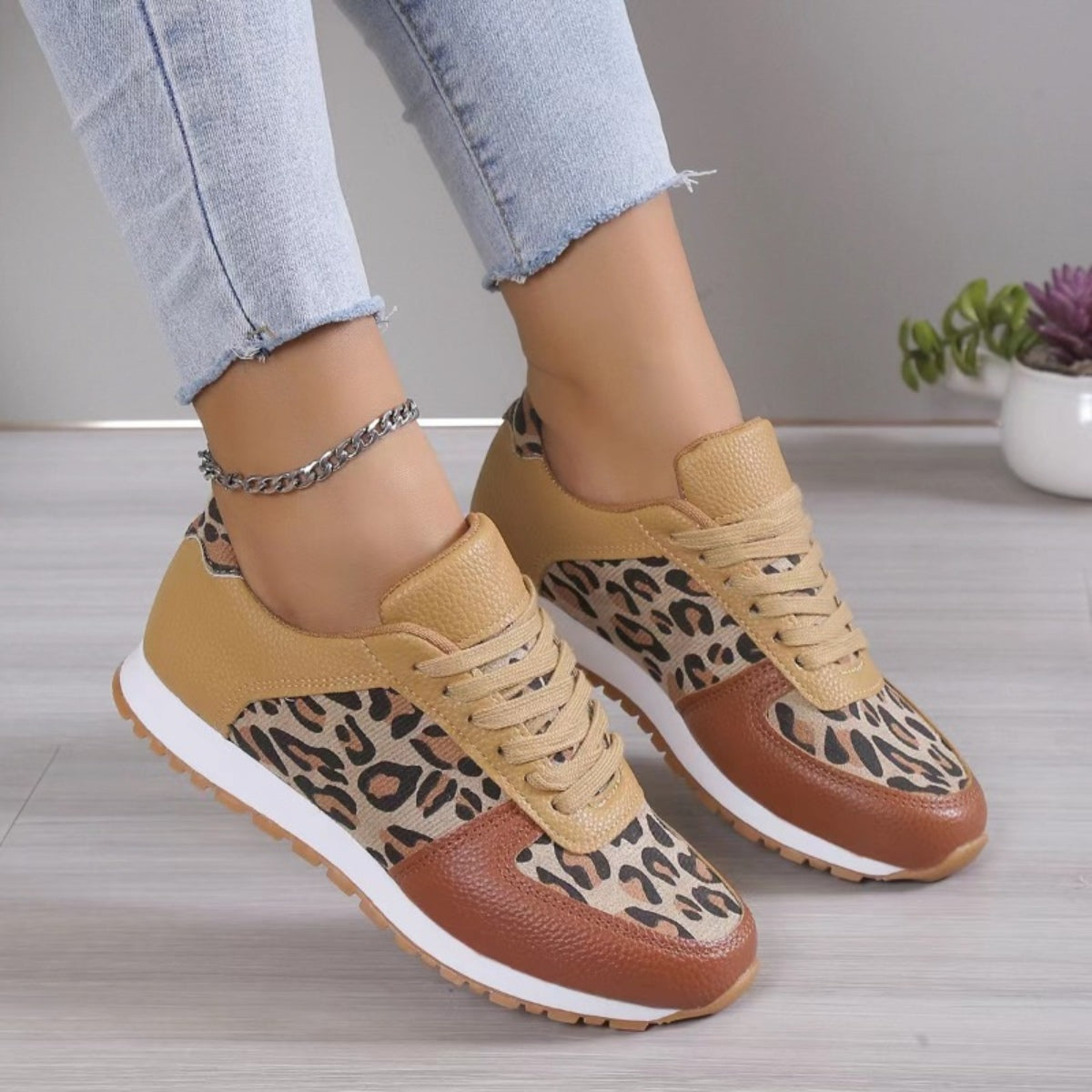 Tied Leopard PU Leather Sneakers