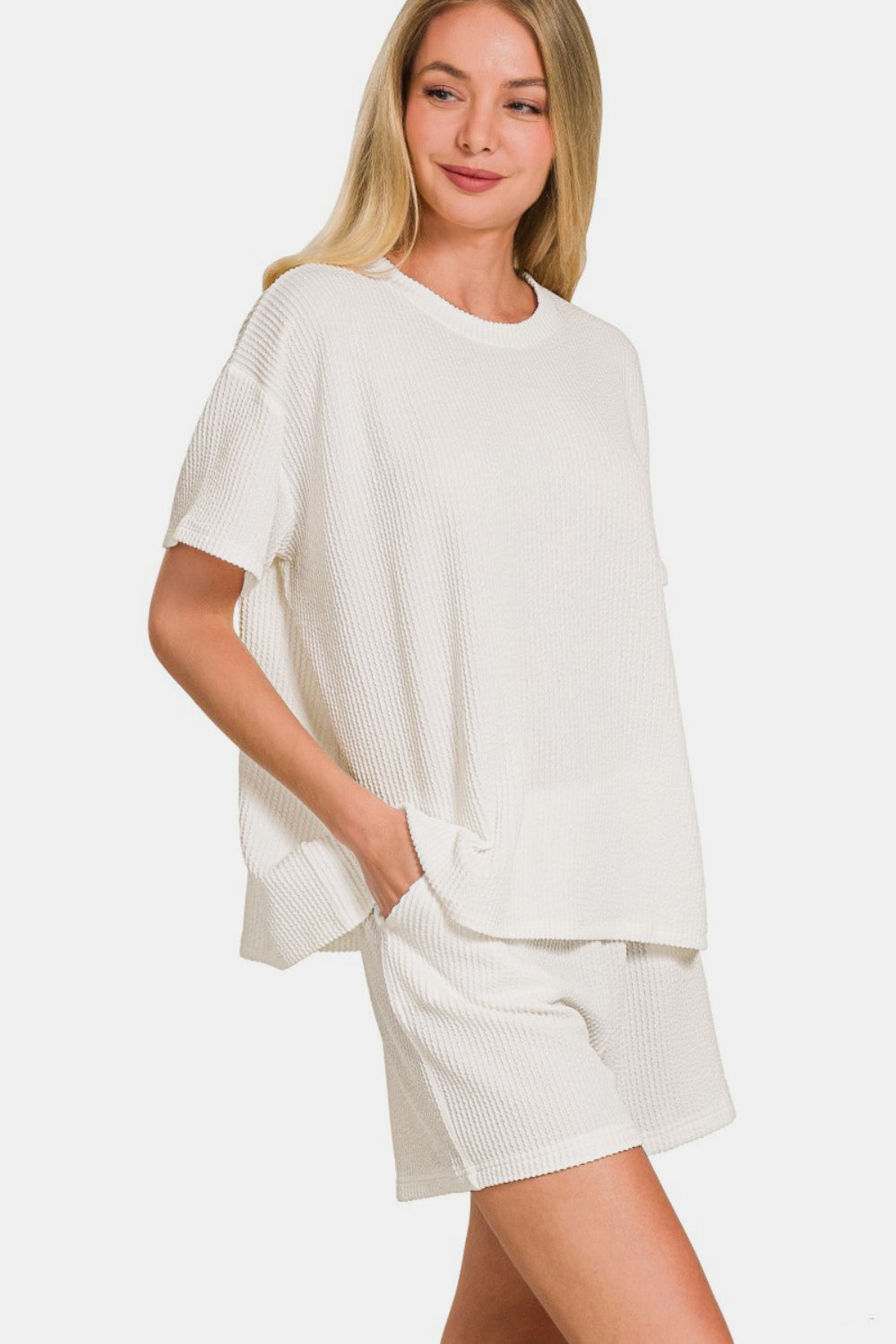 Zenana Rib Short Sleeve T-Shirt and Shorts Lounge Set