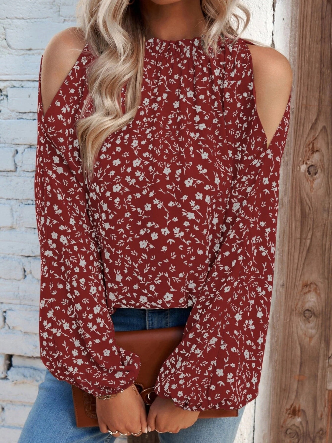 Floral Cold-Shoulder Long Sleeve Blouse