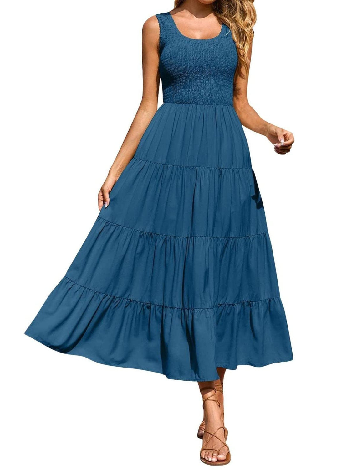 Tiered Smocked Wide Strap Midi Dress