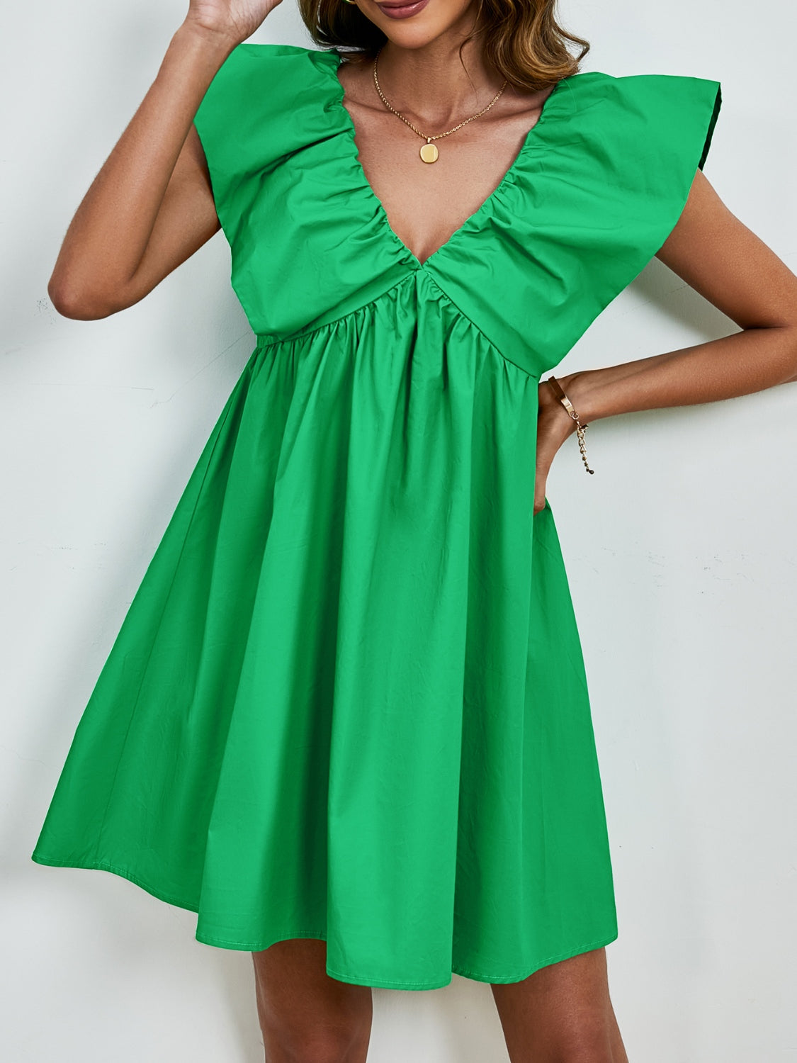 V-Neck Ruched Cap Sleeve Mini Dress