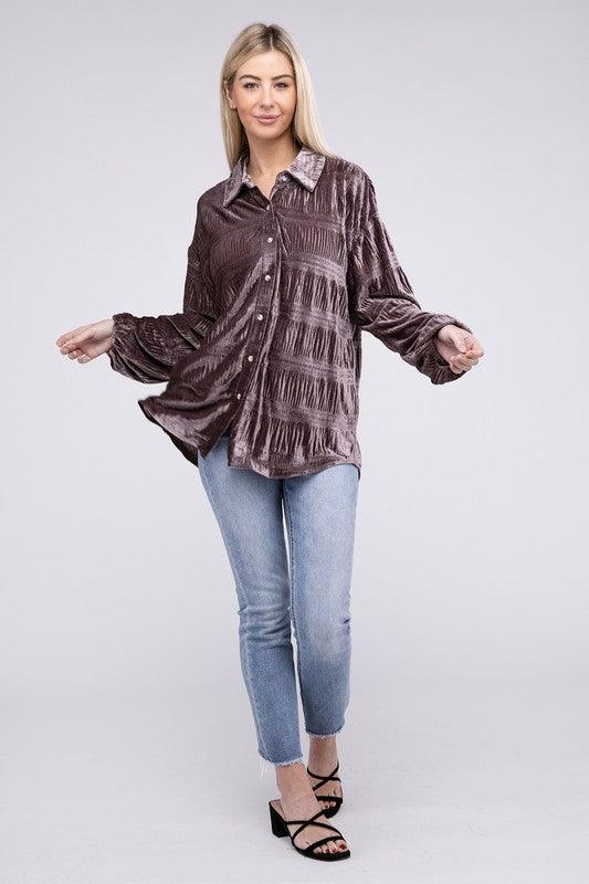 BiBi Wrinkle Effect Tiered Shirring Velvet Shirt - Shirt