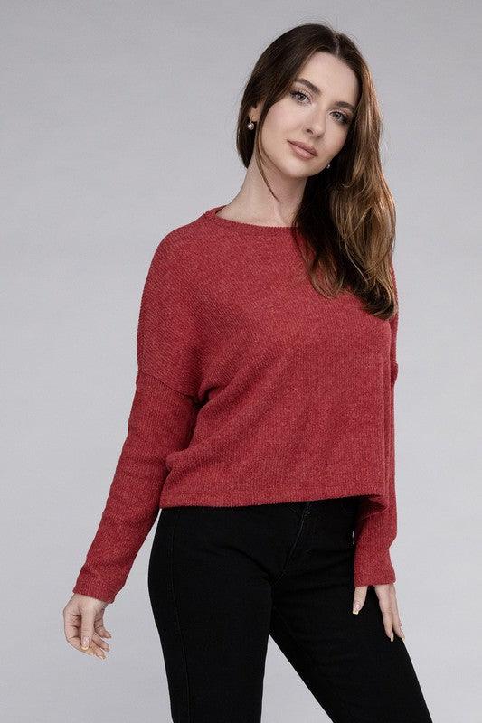 Zenana Ribbed Dolman Long Sleeve Sweater - Sweater