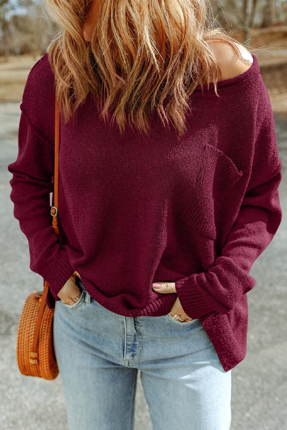 Dropped Shoulder Boat Neck Sweater with Pocket - Sweater