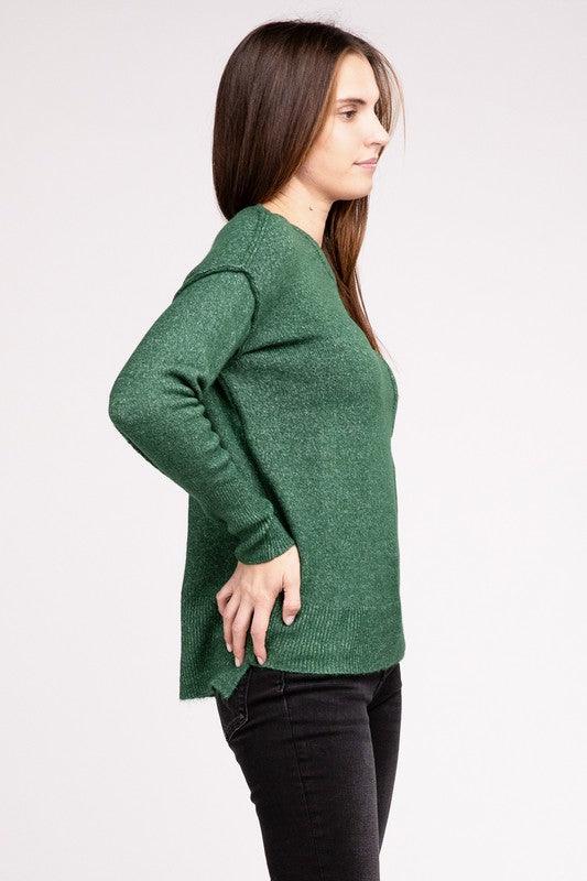 Melange Hi-Low Hem Round Neck Sweater - Sweater