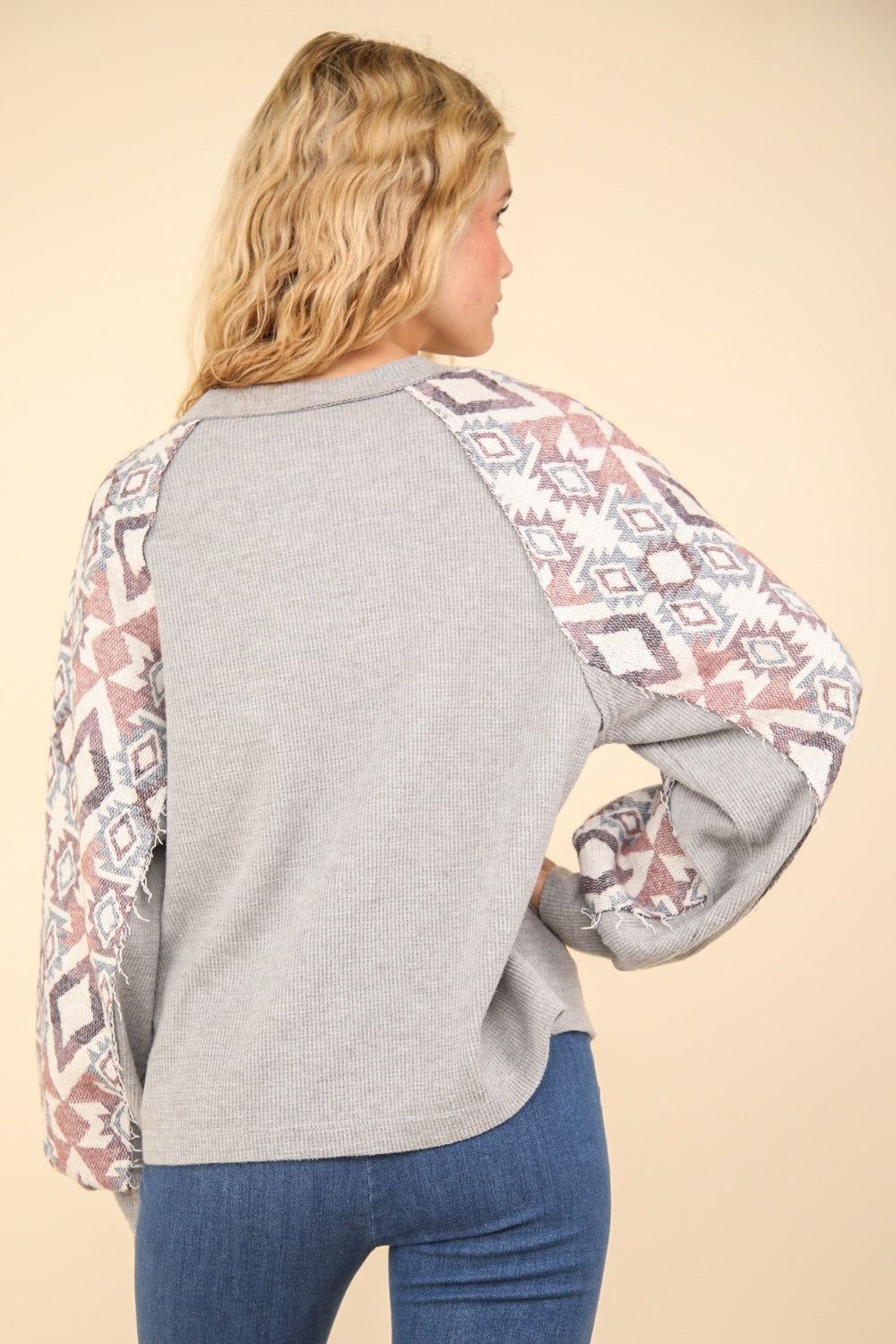 VERY J Aztec Long Sleeve Round Neck Knit Top