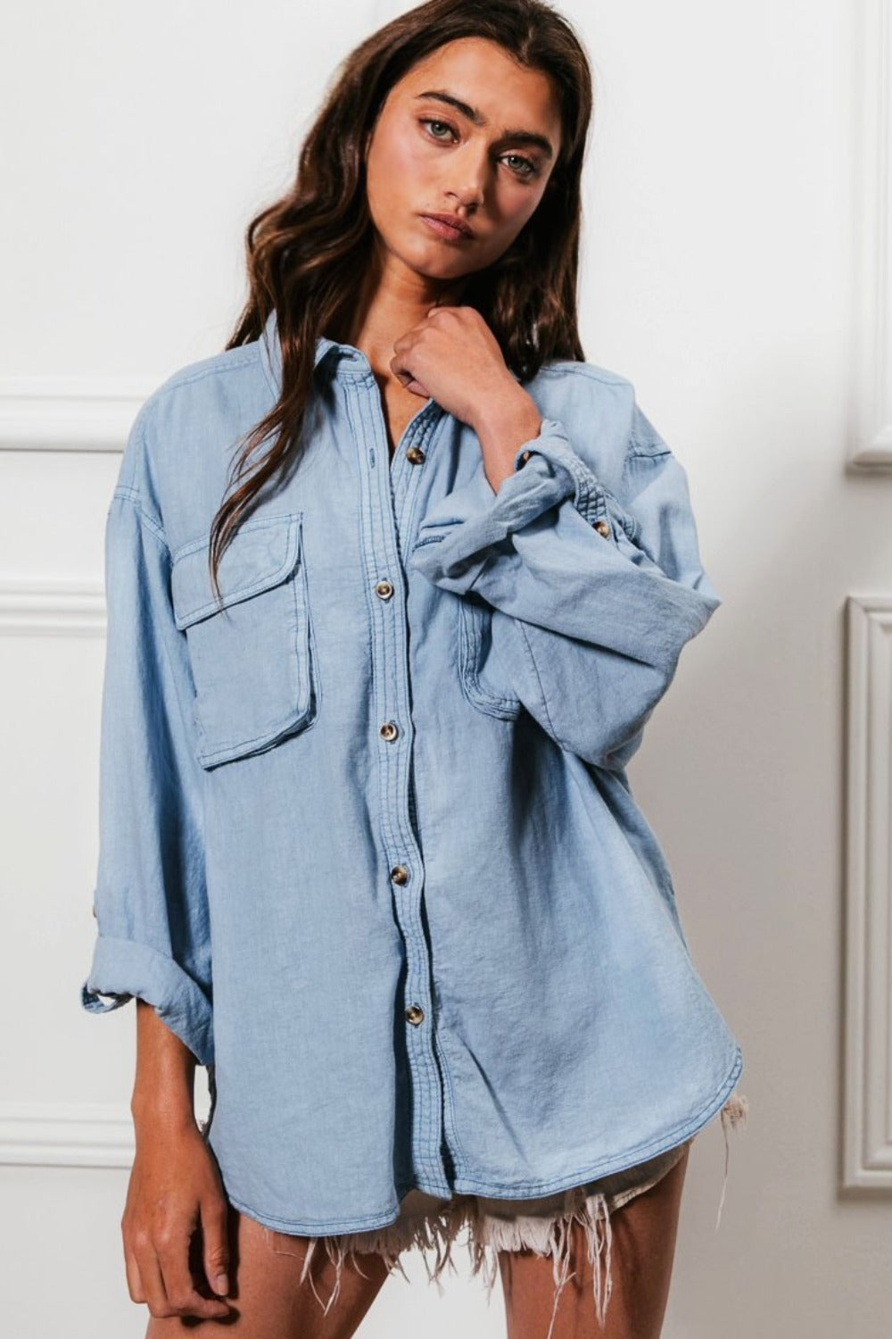 BiBi Button Down Stitch Detail Denim Shirt with Chest Pockets