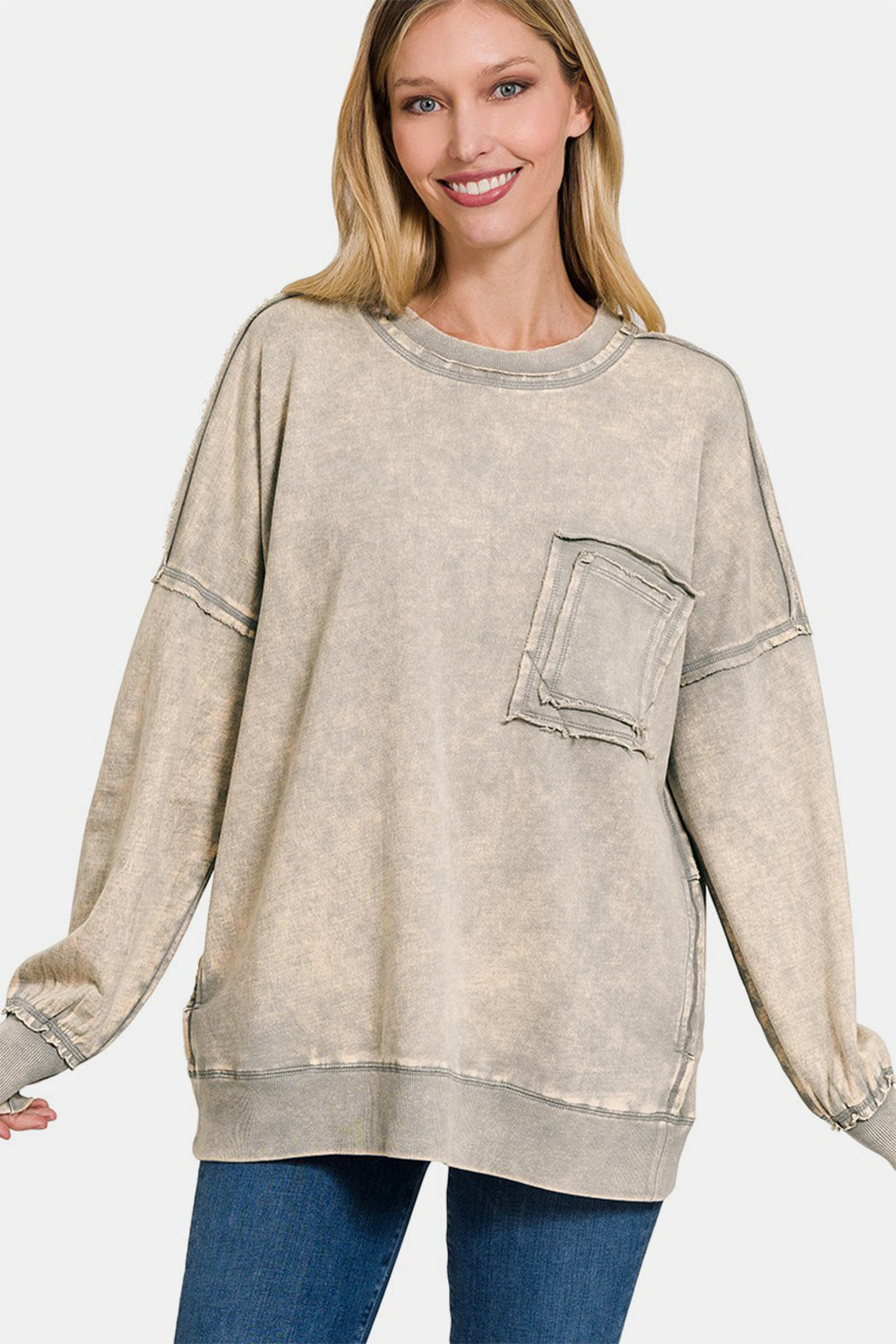 Zenana Exposed Seam Round Neck Sweatshirt