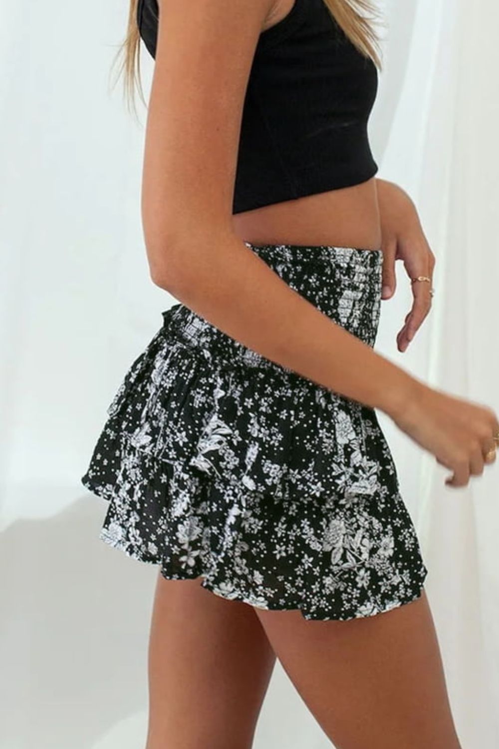 Floral Frill Trim Smocked Mini Skirt