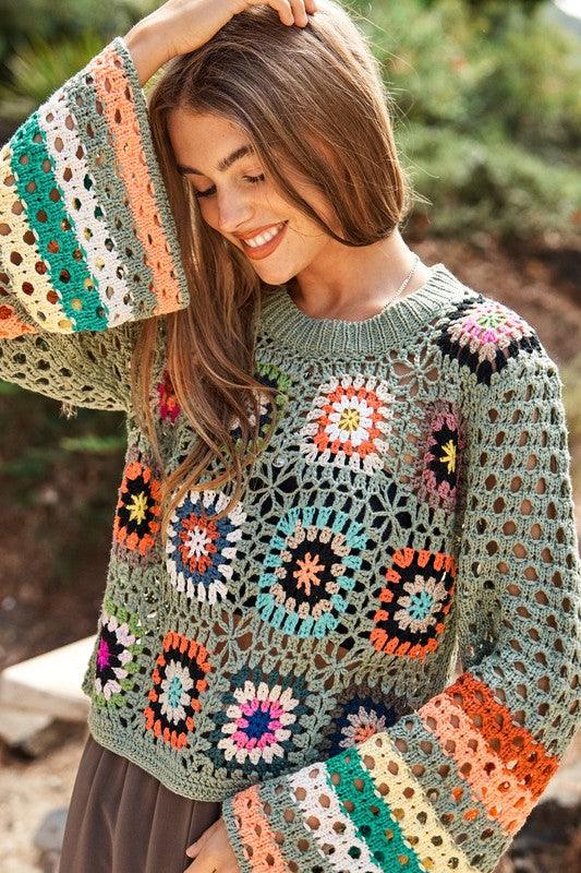 Floral Crochet Striped Sleeve Cropped Knit Sweater - Sweater