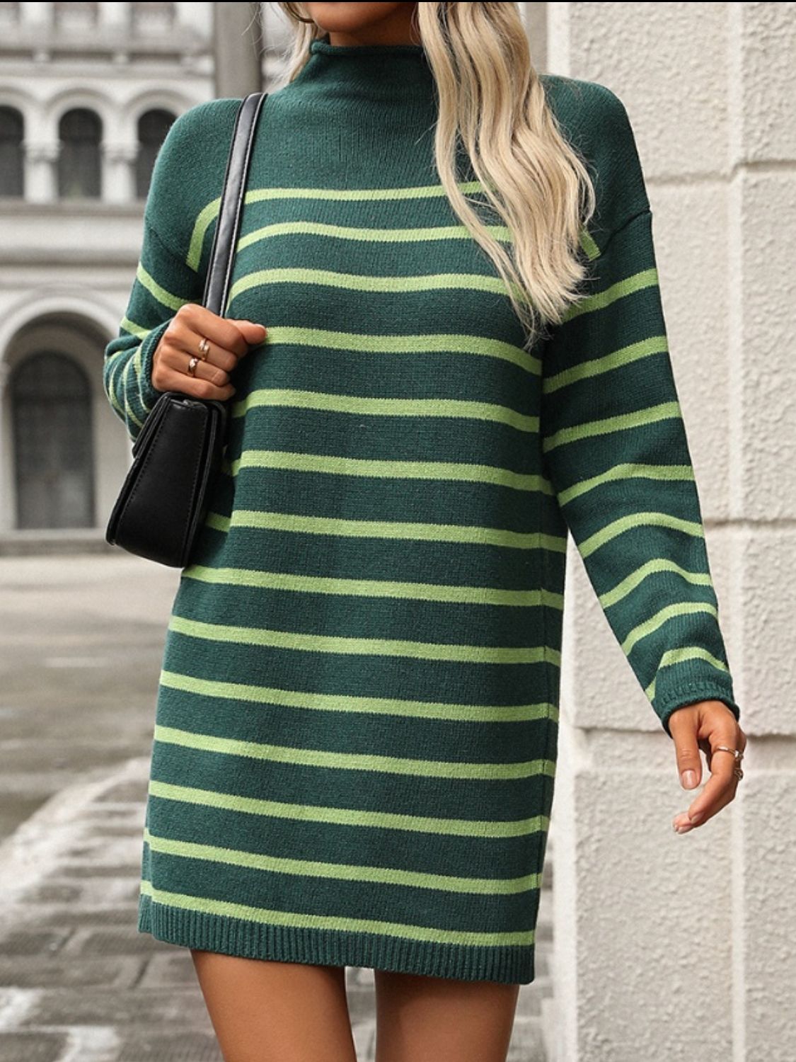 Striped Mock Neck Long Sleeve Mini Sweater Dress