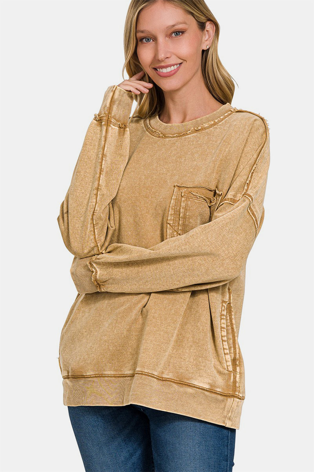 Zenana Exposed Seam Round Neck Sweatshirt