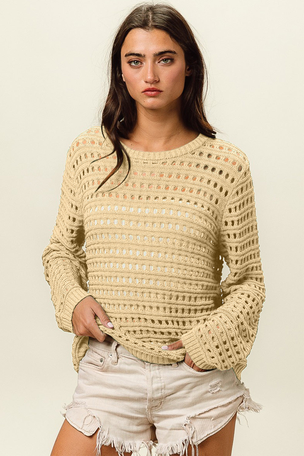 BiBi Round Neck Openwork Knit Cover Up Top