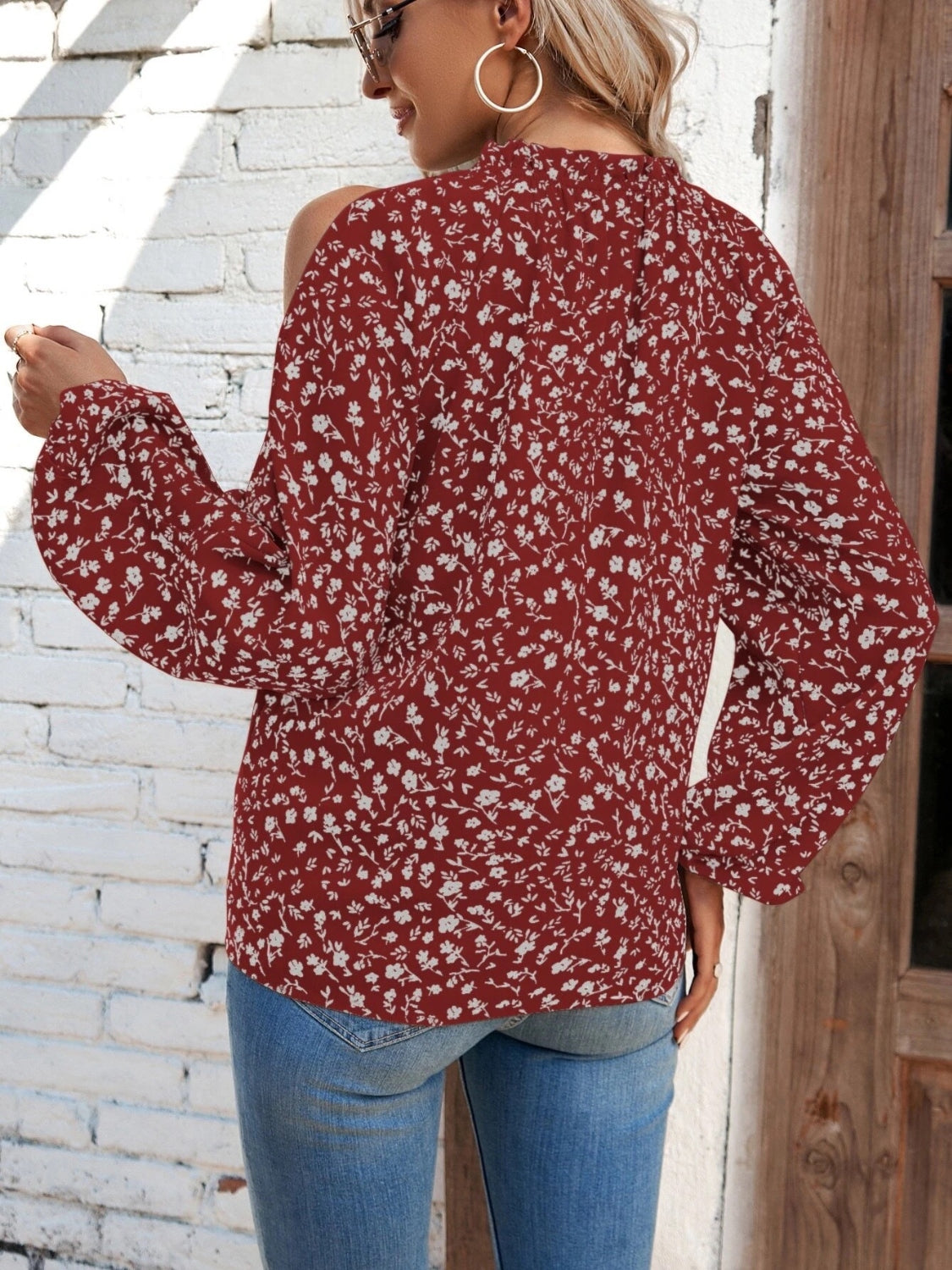 Floral Cold-Shoulder Long Sleeve Blouse