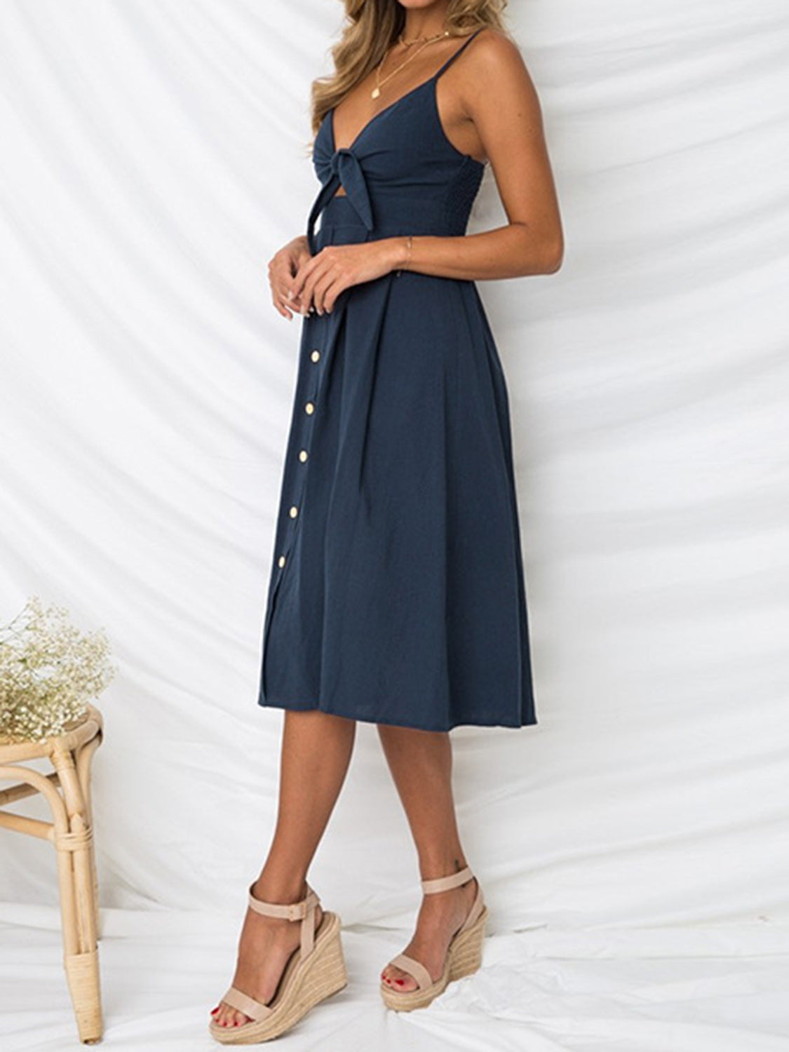 Cutout Smocked Sweetheart Neck Midi Cami Dress