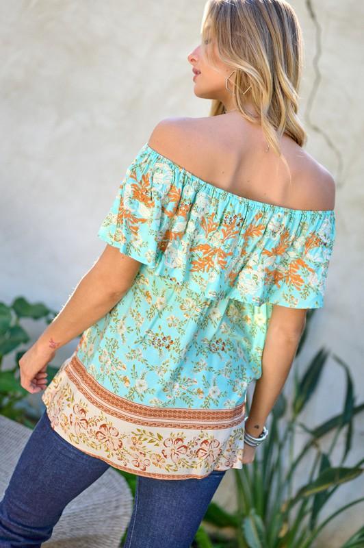 Printed Off Shoulder Smocked Top - Top