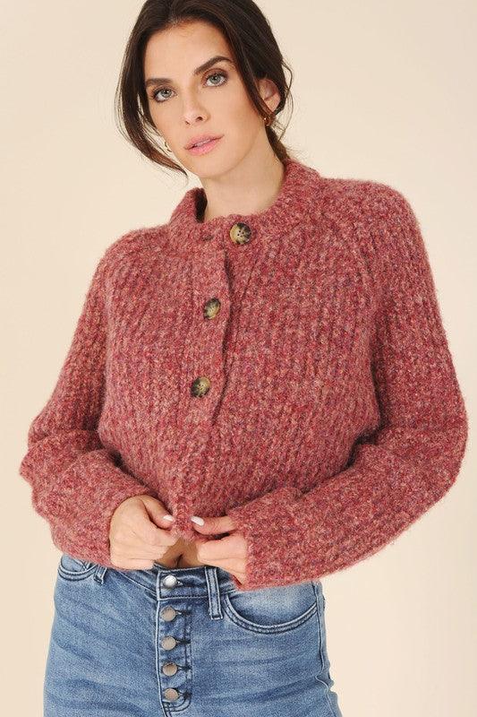 Melange Bottoned Cropped Sweater - Sweater