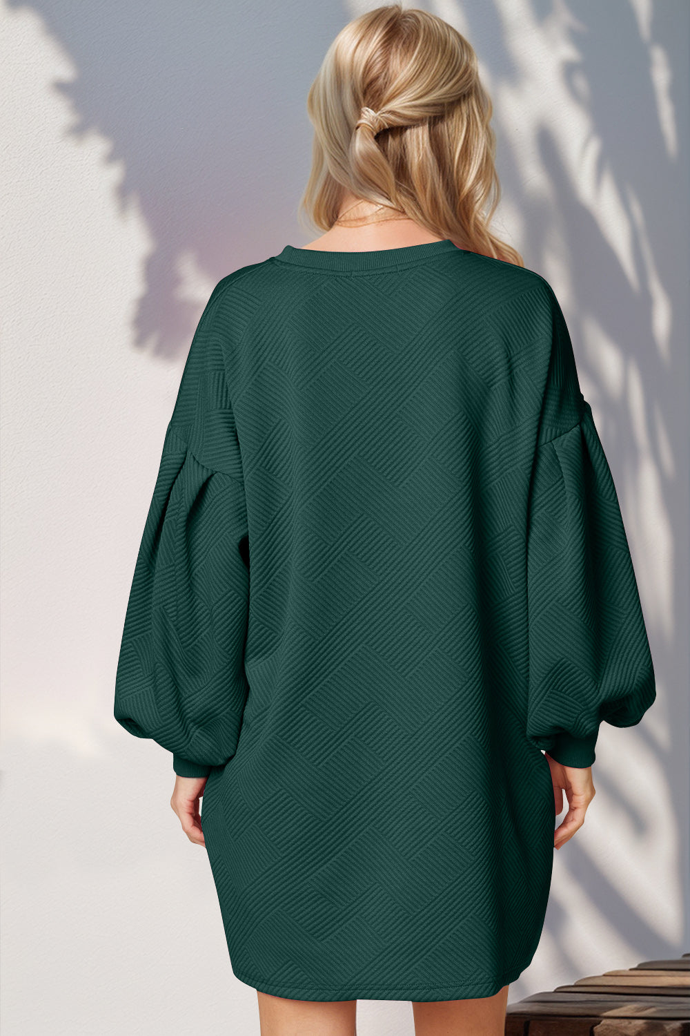 Double Take Drop Shoulder Lantern Sleeve Texture Mini Sweater Dress