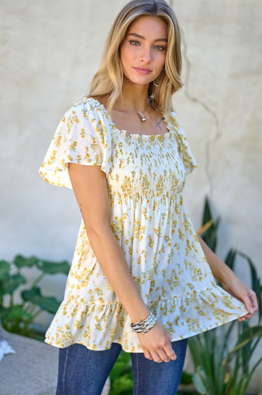 Davi & Dani Floral Smocked V-Neck Ruffle Top