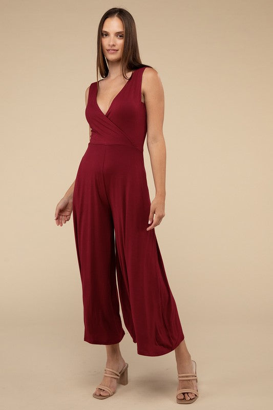 Zenana Surplice Neckline Sleeveless Jumpsuit