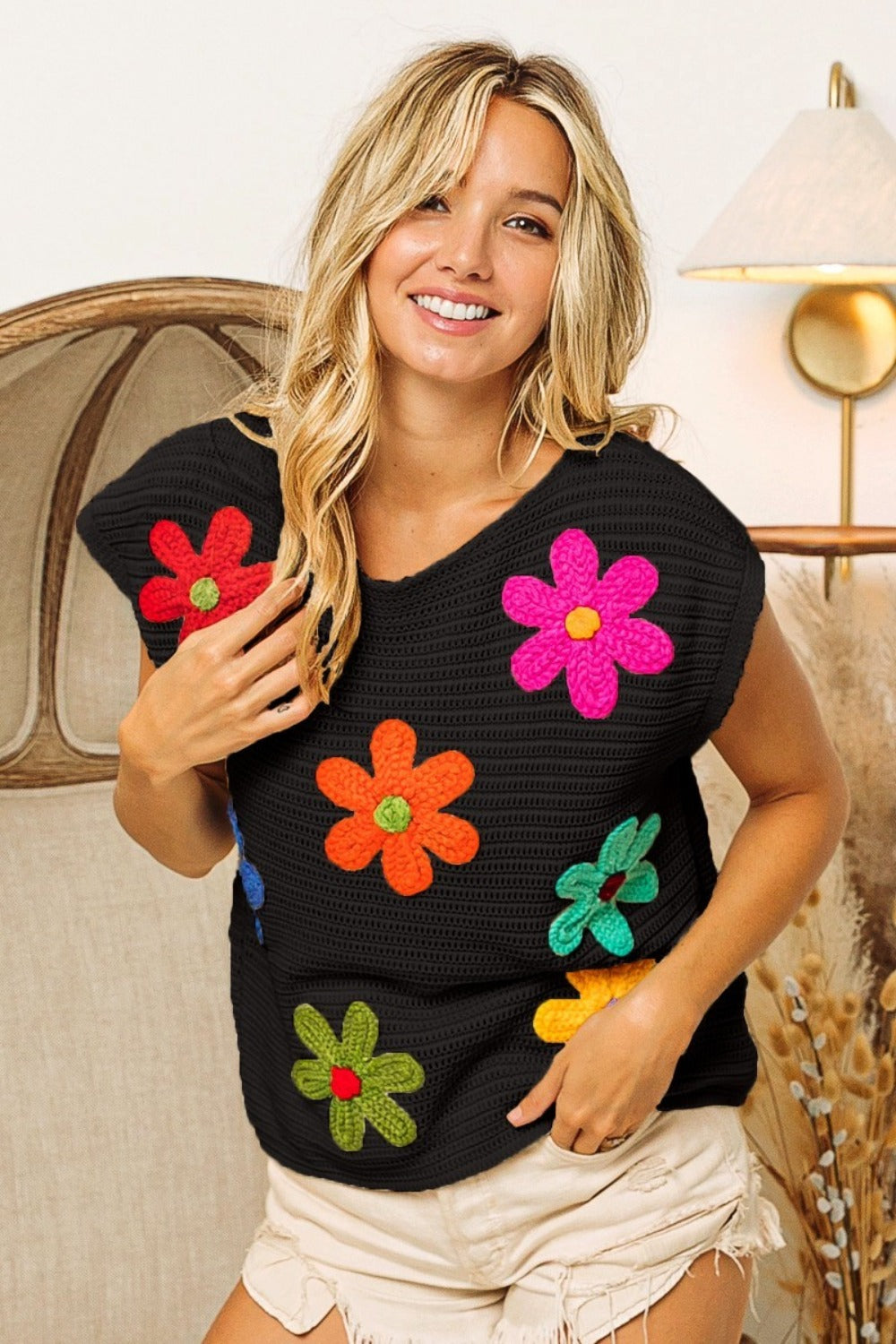 BiBi Flower Round Neck Cap Sleeve Sweater Vest