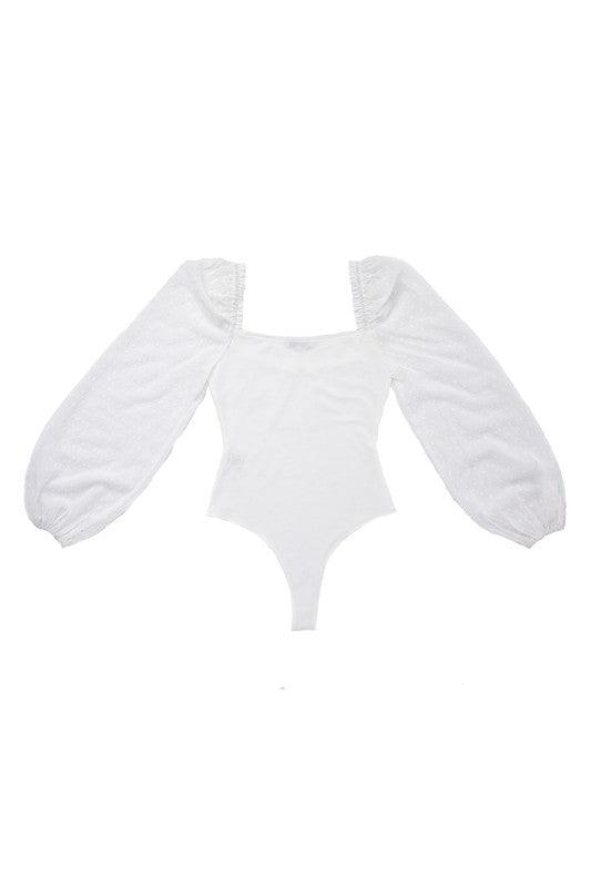 LS Swiss Dot Mesh Shirring Sleeve Bodysuit - Bodysuit