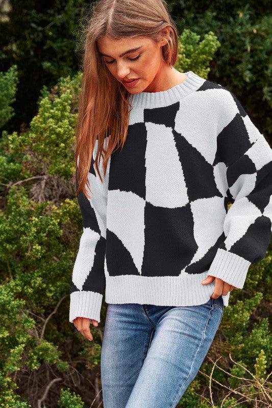 Multi Geo Checker Pullover Knit Sweater Top - Sweater