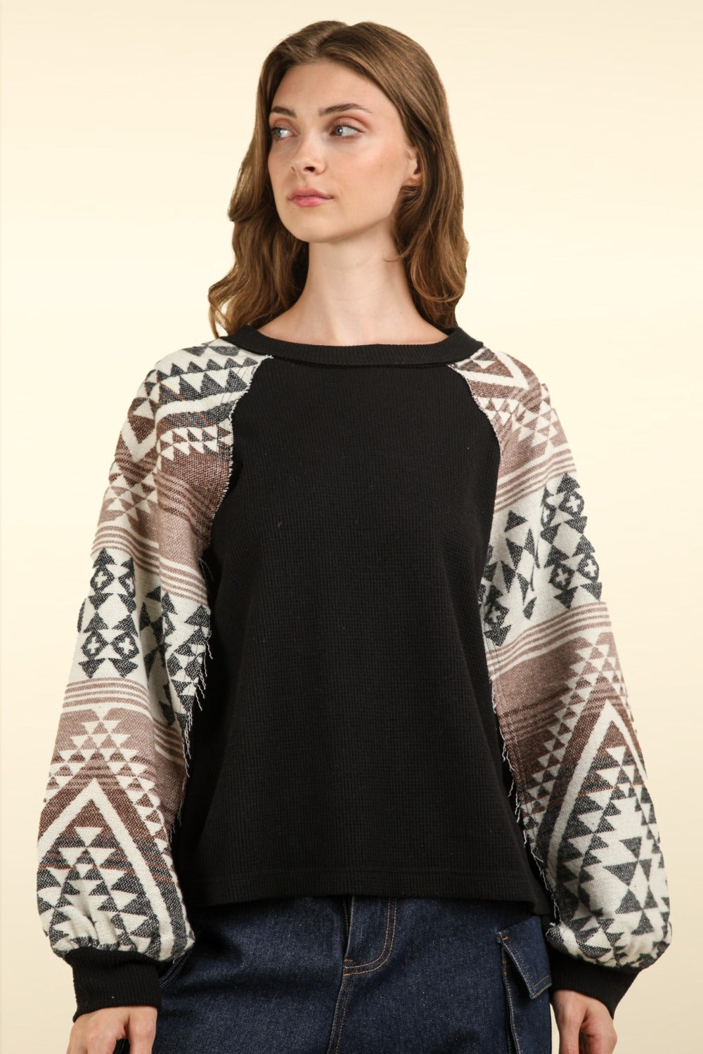 VERY J Aztec Long Sleeve Round Neck Knit Top